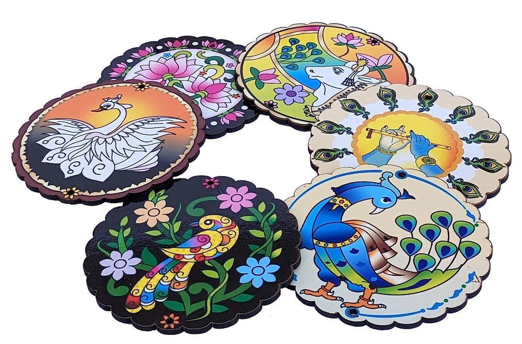 Wooden Printed Coaster (Set A) | Pitchwai Art Coaster (12.5 cm) | Wooden Coasters with HD Print | Printed Coaster Set of 6 (T391)