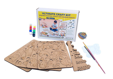 StepsToDo _ Ultimate Craft Kit | Wooden Painting, Puzzle & Hanging Making Kit | Kids Wooden Craft Painting Kit | 4 Boards with 4 Theme Kittens & Puppies, Sea Life, Dinosaur, Space (T403)