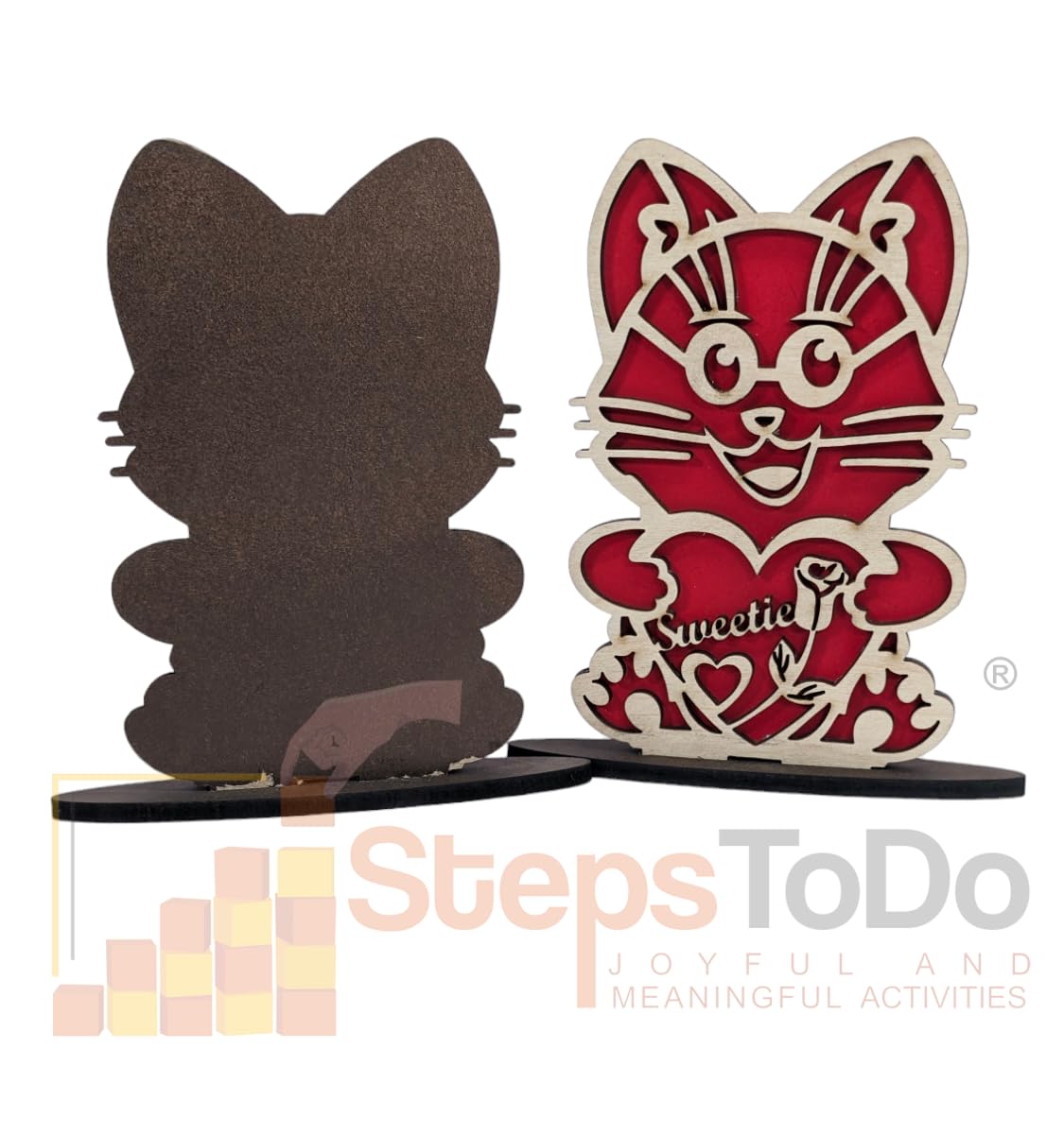 Love You Kitty Wooden Standees – Set of 3, Red & Unfinished Birch