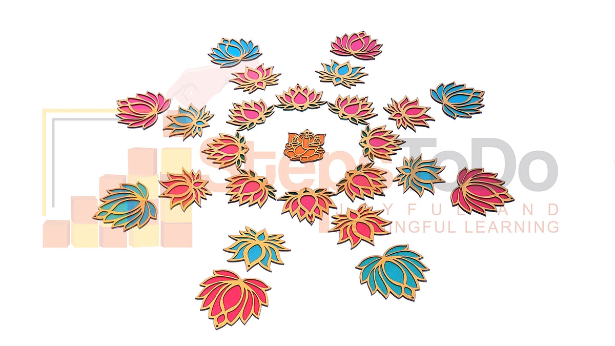 Golden-Framed Wooden Lotus Cutouts – 12 Pieces, 6 Pink & 6 Blue