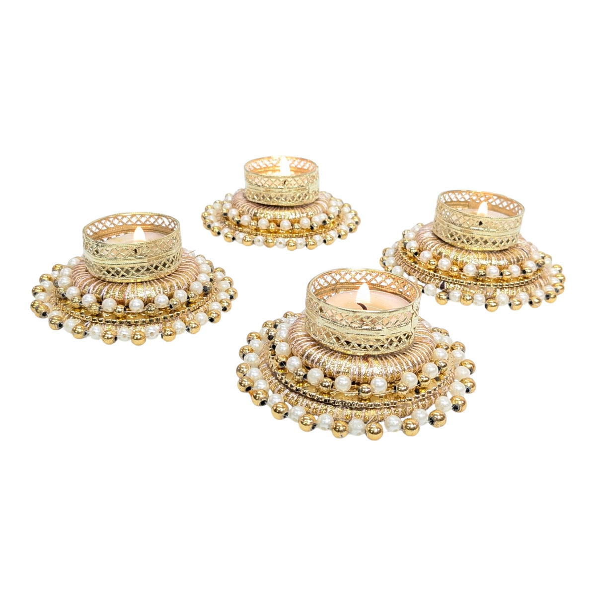 Golden & White Pearl Tealight Holders – Set of 4