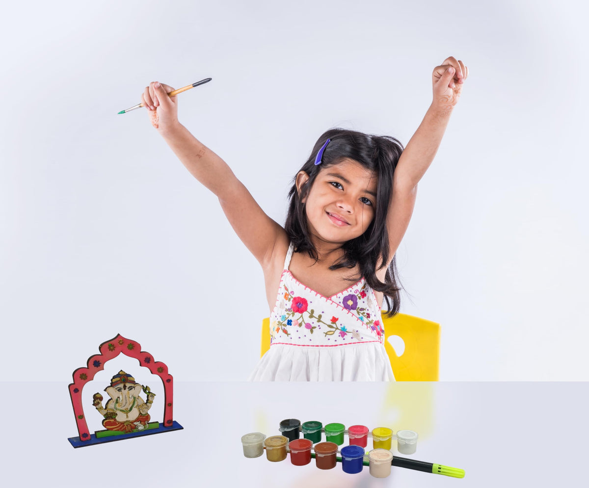 DIY Wooden Ganesha Painting Kit with 12 Tempera Colours & Brush