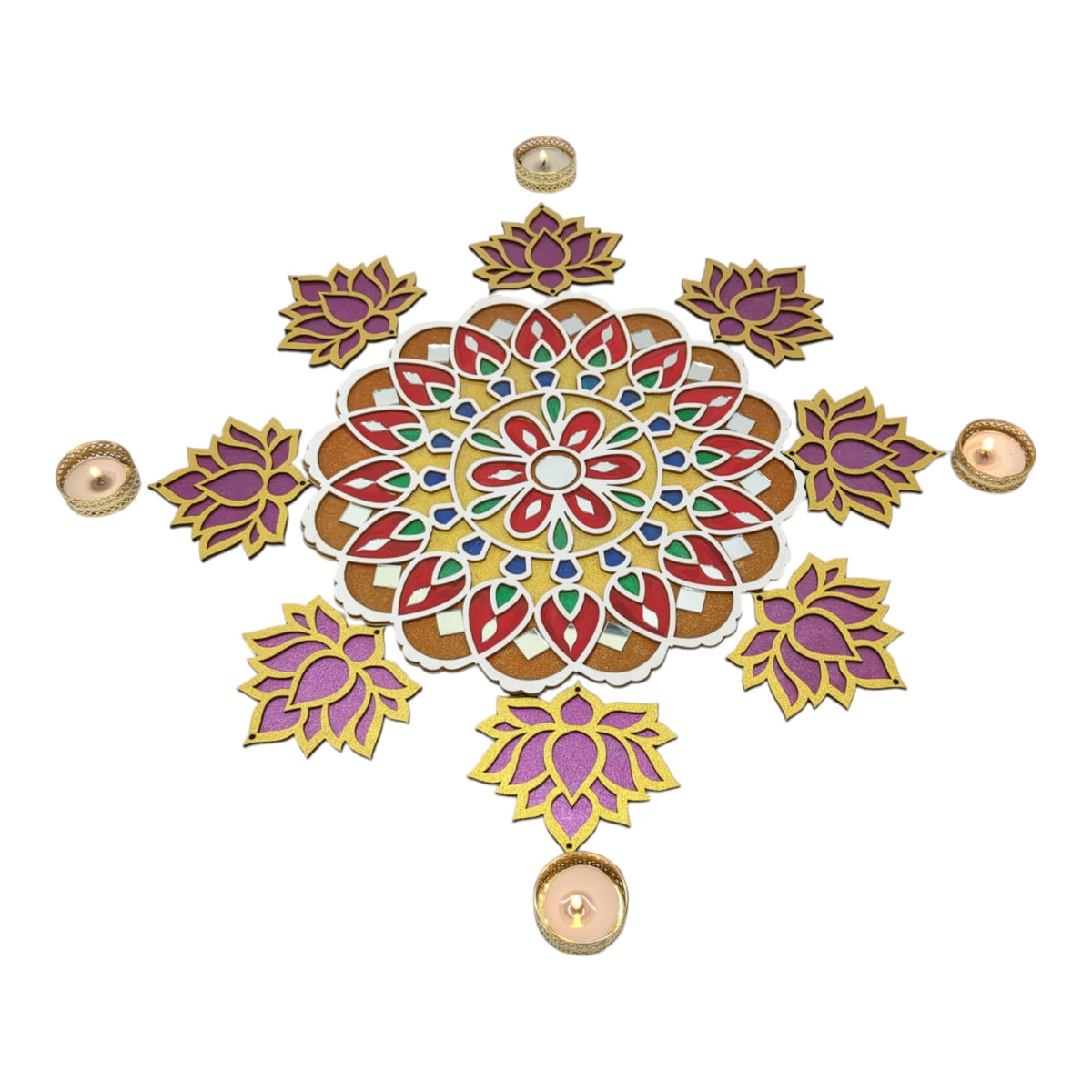 Wooden Lotus Cutouts – Set of 12, Golden & Purple
