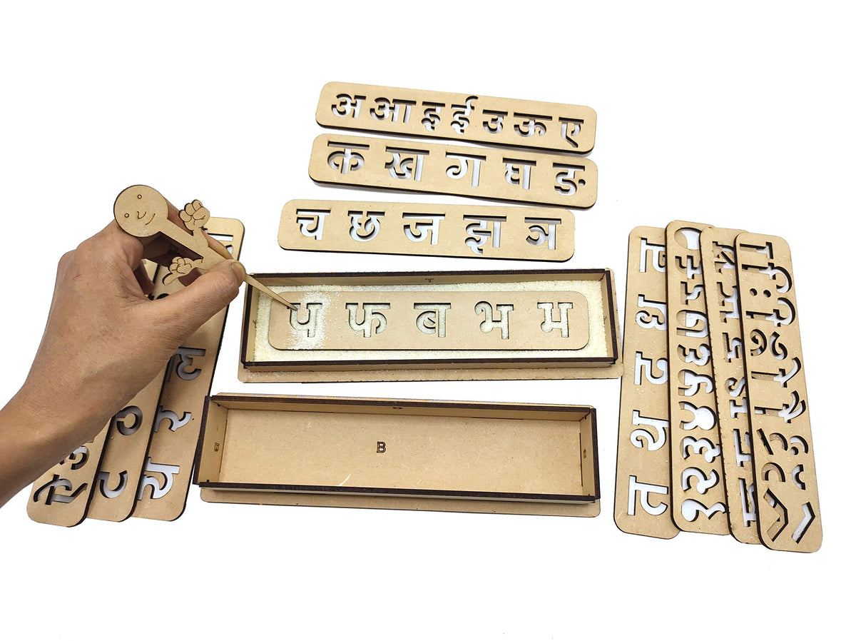 Wooden Hindi Alphabet & Number Tracing Stencil Kit