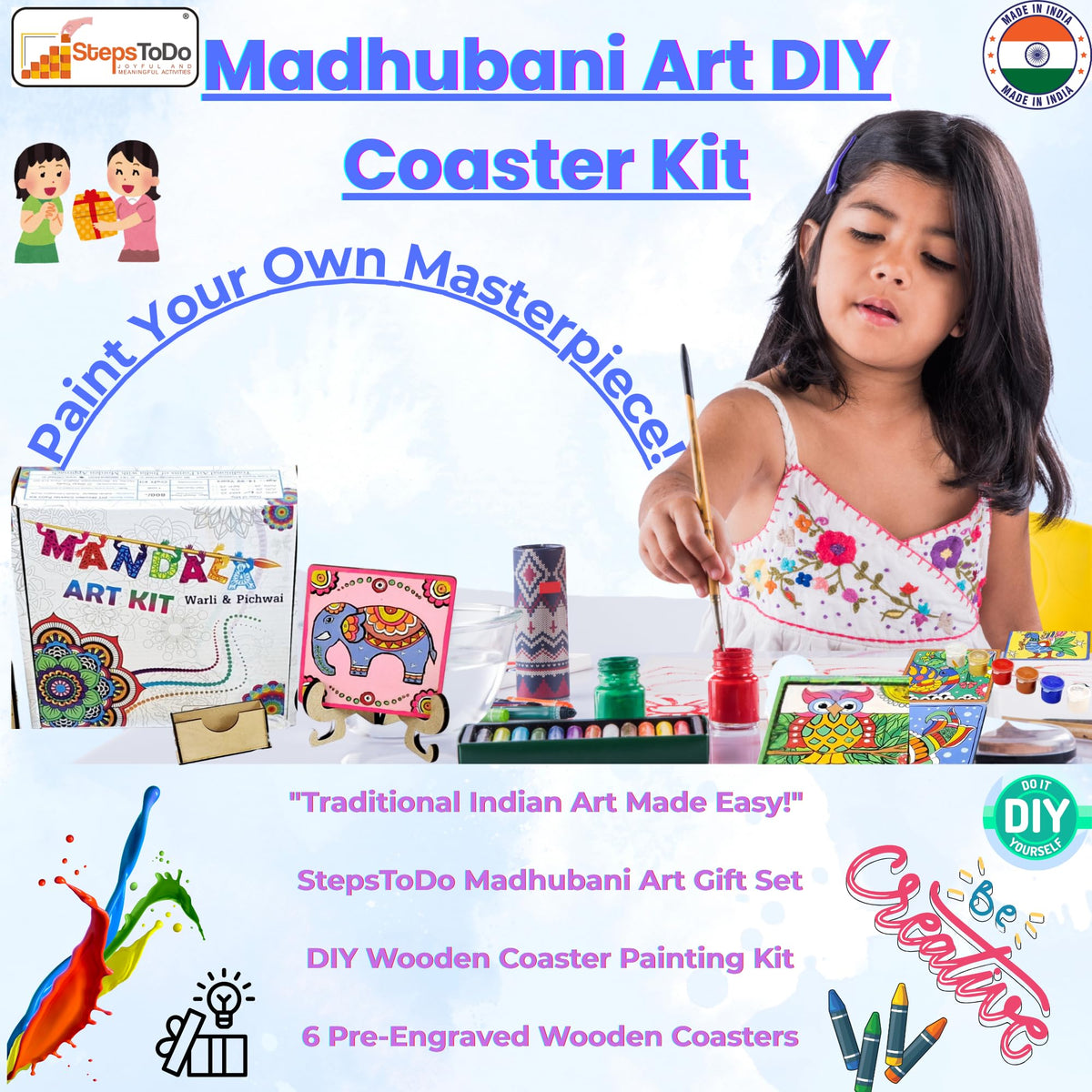 Madhubani Coaster Painting Kit – 6 Coasters, 12 Colours, Holder & Stand