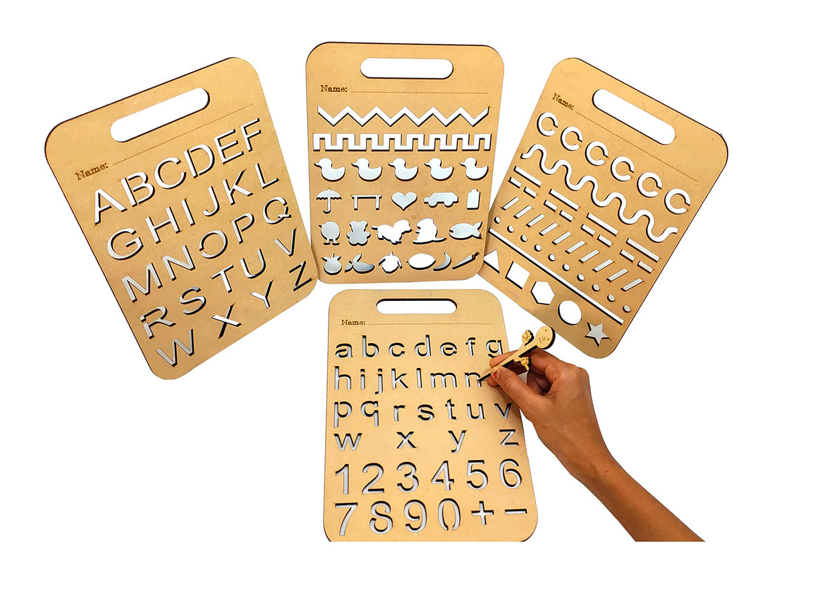 Wooden Tracing Boards – Set of 4, Letters, Numbers, Shapes & Patterns