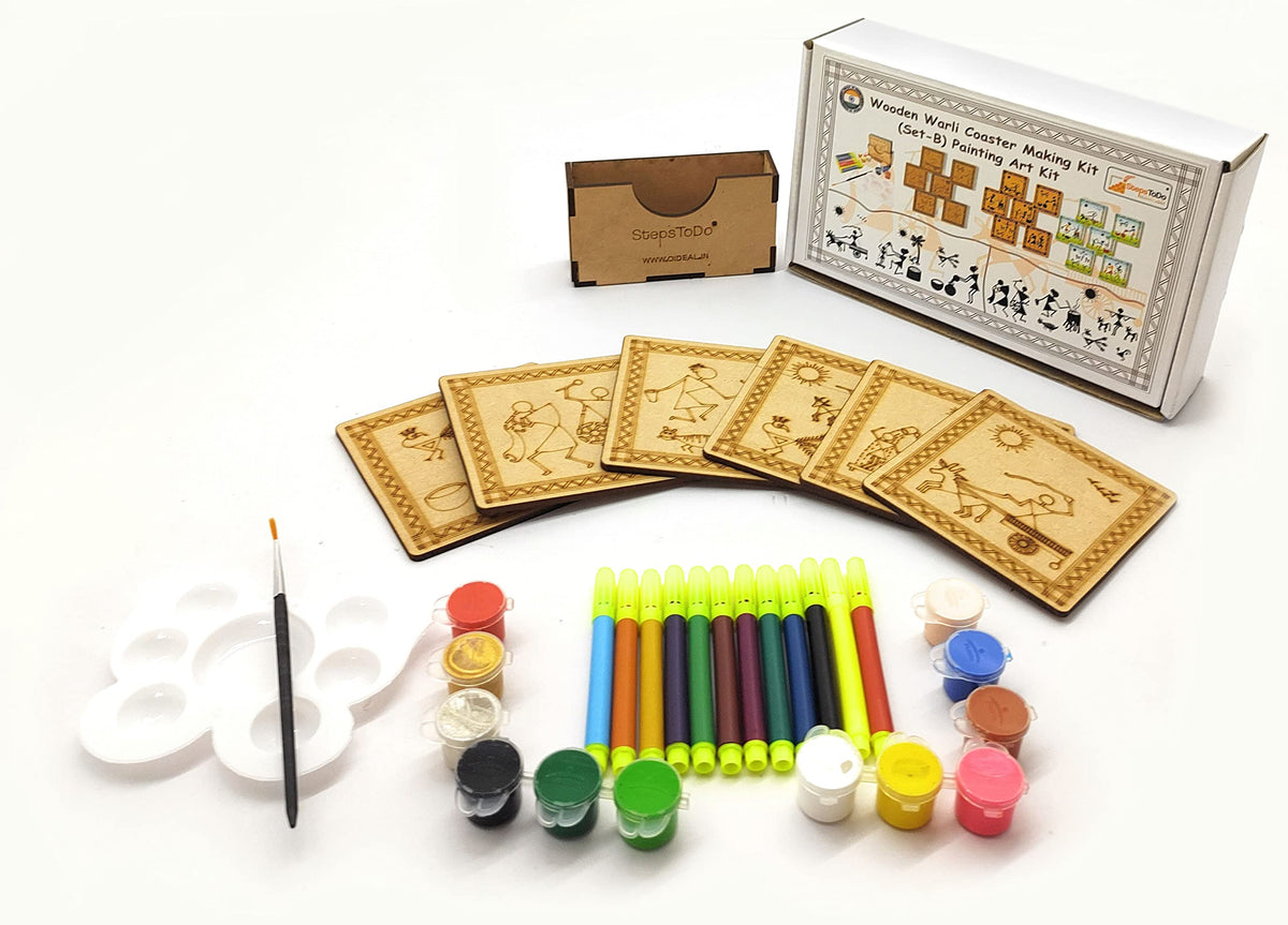 Warli Coaster Painting Kit B – 6 × 4-Inch Bases, Case, Pens & Paints
