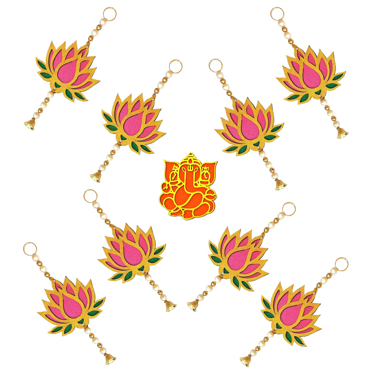 Hand-Painted Wooden Lotus Hangings – Pink & Green (Sets of 6 to 24)
