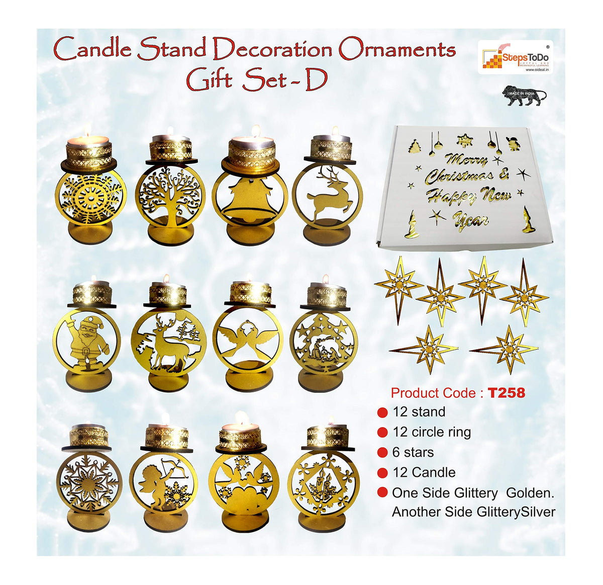 Christmas Candle Decoration Set D – 12 Candles with Stand, Gold/Silver