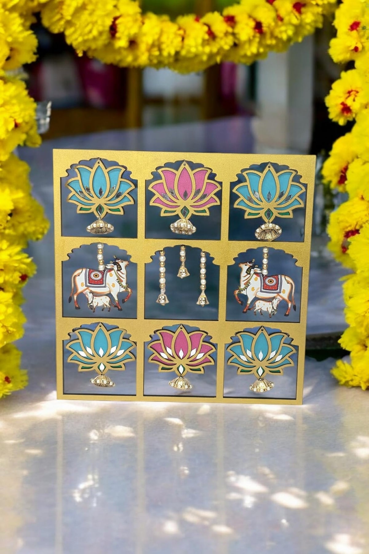 Hand-Painted Pichwai Jharokha with Lotus, Cow & Calf – 18 Inch, Mirror Work