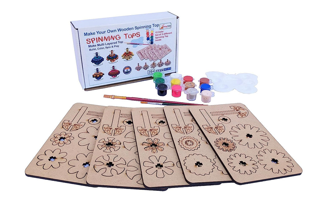 StepsToDo _ Make Your Own Wooden Spinning Top Making Kit | Wooden Engraved Toy Top Making Kit | Toy Top Set of 5 | Birthday Party Return Gift (T310)