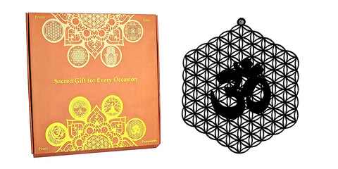 StepsToDo 'Flower of life with Om' (Jet Black, 11.5 inch) | Wooden Sacred Geometry Art | Hand painted room hanging, wall decor | Spiritual Gift | Multiple design choices are available (T362)