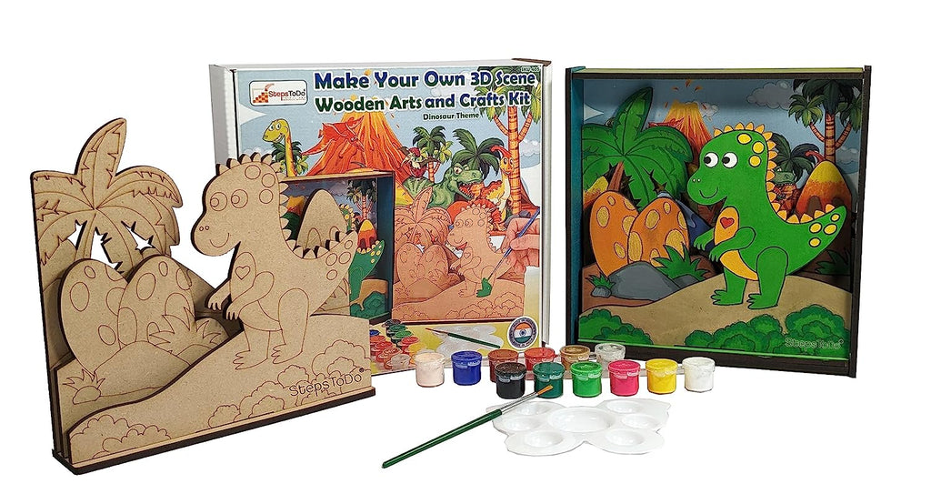 StepsToDo _ Make Your Own 3D Frame | Dinosaur Scene | Painted Handicraft Making Kit | Wooden Art and Craft | 8 Inch Square Frame (T405_DINO)