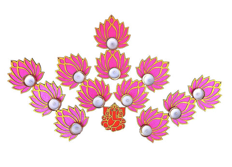 SetpToDo _ Golden & Pink Lotus Wooden Cutouts with Diya | Set of 12 | Lotus Cutouts + Tea Light Candle/Diya + Golden Candle Holder (T338)