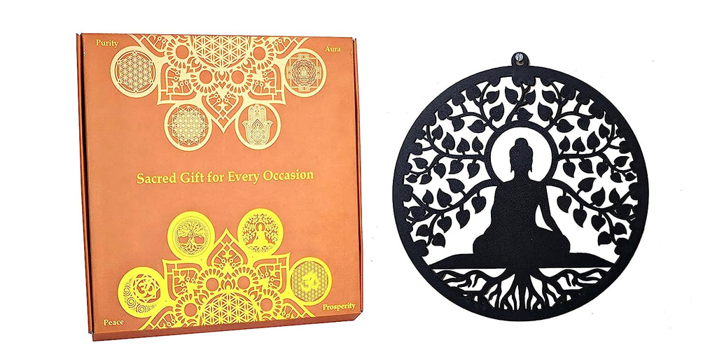 StepsToDo 'Tree of life with Buddha' (Jet Black, 11.5 inch) | Wooden Sacred Geometry Art | Hand painted room hanging, wall decor | Spiritual Gift | Multiple design choices are available (T361)