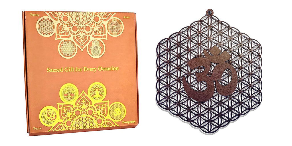 StepsToDo 'Flower of life with Om' (Brown, 11.5 inch) | Wooden Sacred Geometry Art | Hand painted room hanging, wall decor | Spiritual Gift | Multiple design choices are available (T362)
