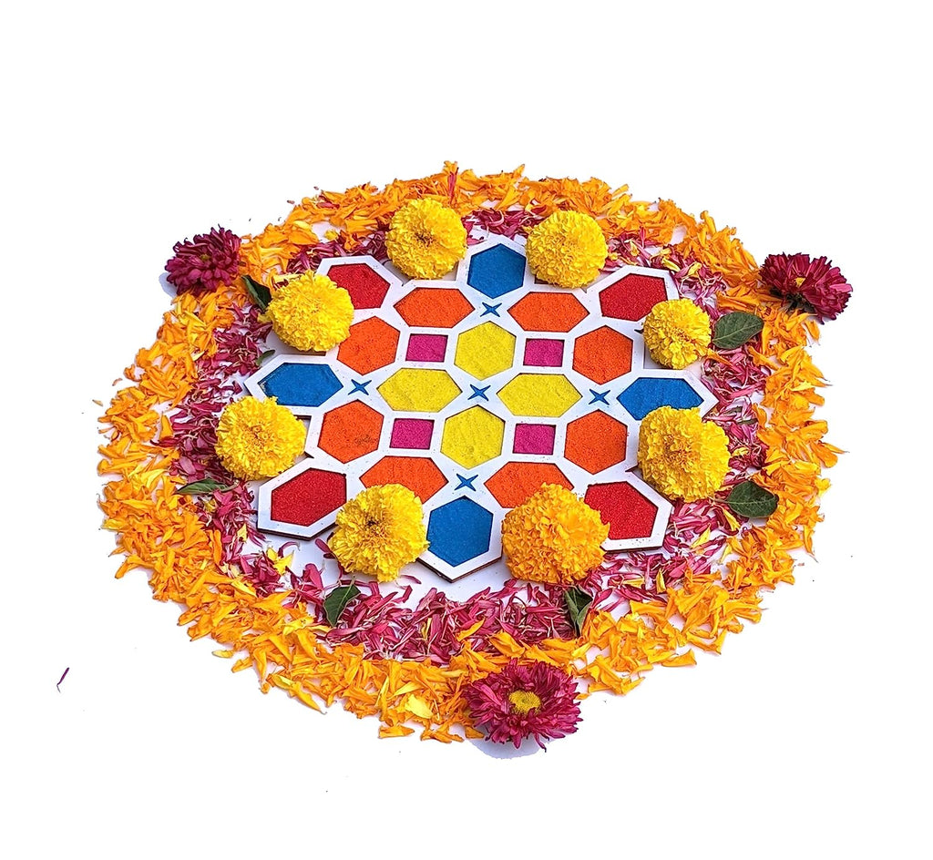 Reusable Rangoli Template Mat with Wooden Base 11.5 Inch (Design F) | Just Fill It Up with Rangoli, Flowers, Pulses | Traditional Art with Modern Day Ease of Use (T388_F)