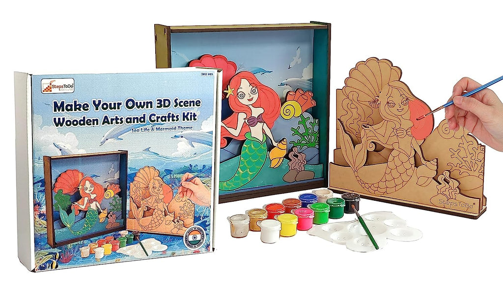 StepsToDo _ Make Your Own 3D Frame | Sea Life & Mermaid Scene | Painted Handicraft Making Kit | Wooden Art and Craft | 8 Inch Square Frame (T405_MERMAID)