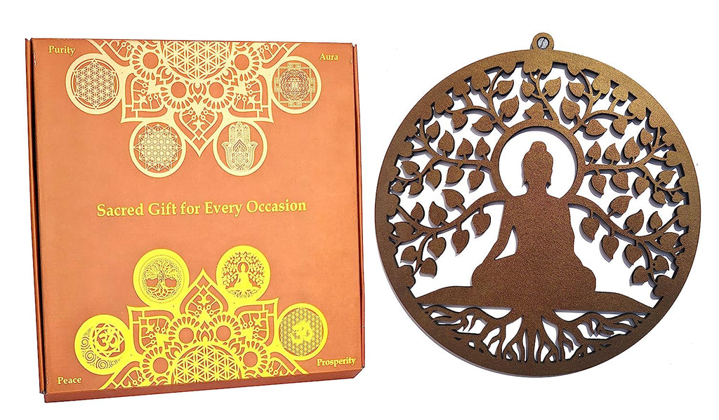 StepsToDo 'Tree of life with Buddha' (Brown, 11.5 inch) | Wooden Sacred Geometry Art | Hand painted room hanging, wall decor | Spiritual Gift | Multiple design choices are available (T361)