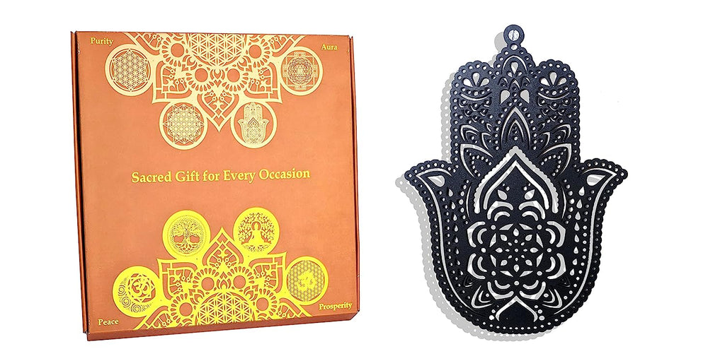 StepsToDo 'Hamsa Hand' (Jet Black, 11.5 inch) | Wooden Sacred Geometry Art | Hand painted room hanging, wall decor | Spiritual Gift | Multiple design choices are available (T363)