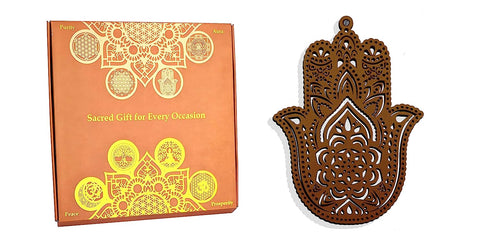 StepsToDo 'Hamsa Hand' (Brown, 11.5 inch) | Wooden Sacred Geometry Art | Hand painted room hanging, wall decor | Spiritual Gift | Multiple design choices are available (T363)