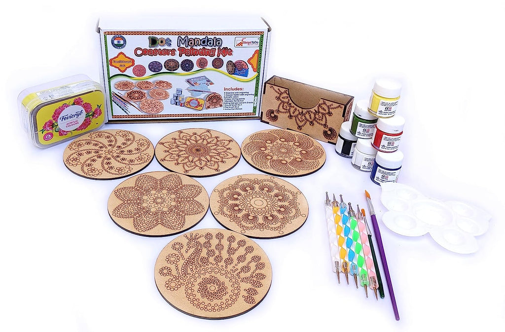StepsToDo _ Wooden Dot Mandalas Paint 'Kit - F' | DIY Mandala Coaster Painting Kit | Mandala Art Kit with Tools & Acrylic Colours | Dot Mandala Art Kit (T402)