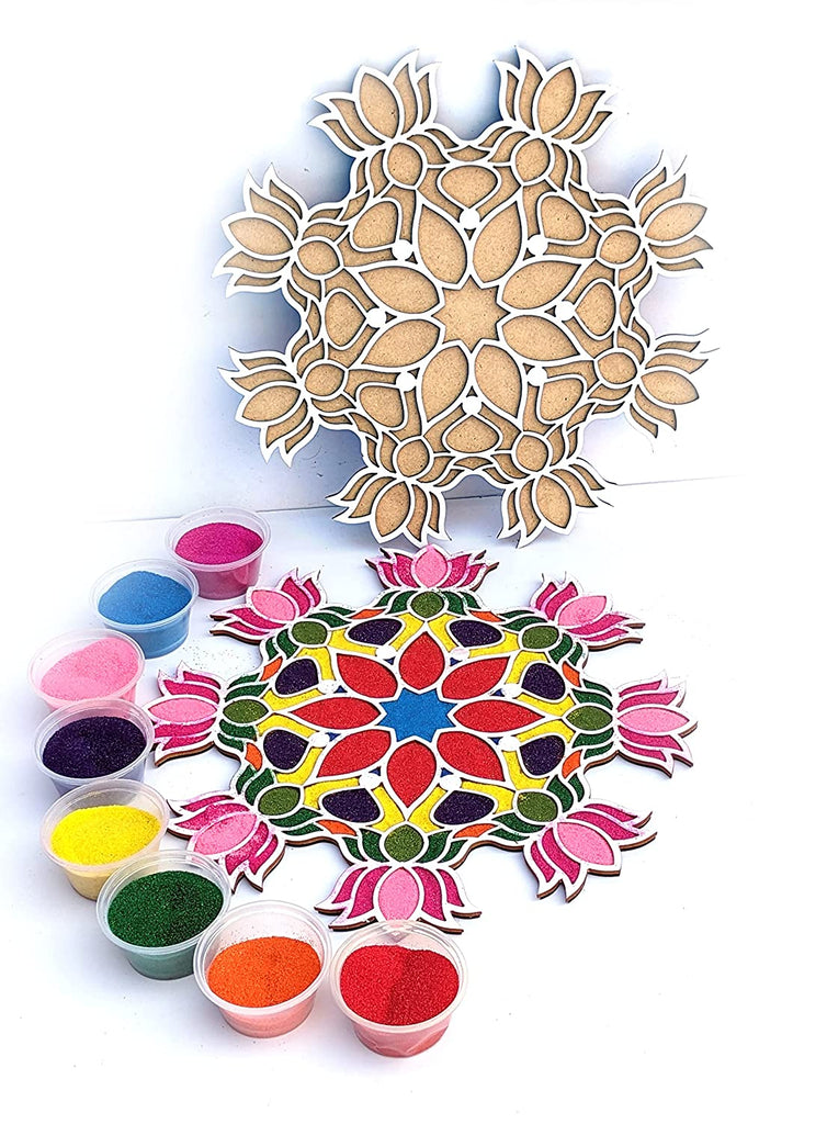 Reusable Rangoli Template Mat with Wooden Base 11.5 Inch (Design O) | Just Fill It Up with Rangoli, Flowers, Pulses | Traditional Art with Modern Day Ease of Use (T388_O)