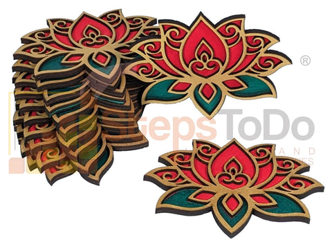 StepsToDo Golden, Red & Green Designer Wooden Lotus Flower Cutouts | Hand Painted Artistic Handicraft | DIY Rangoli, Wall Decoration, Festive Decoration