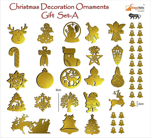 StepsToDo _ Christmas Decoration Ornaments Gift Set Type A (set of 50) | for Tree, Wall, Window Hanging | One Side Golden & another Side Silver (T255)