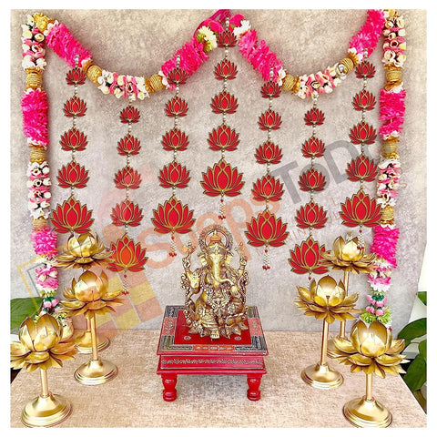 StepsToDo _ Handmade 5 Tier Lotus Hanging (Large) | Decorative Bright Red & Golden Lotus Garland/Wind Chime | Ganapati, Diwali, Dashera, Decorations, Festival Gift (T407)