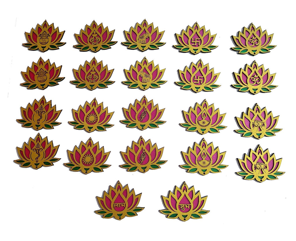 StepsToDo _ Ultimate Designer Lotus (Set of 22) | Pink-Green-Golden (4 Inch) | Artistic Handicraft _ Wall Hanging _ Floor Rangoli _ Reusable Festive Home Decor for Diwali Navratri Pooja (T334)