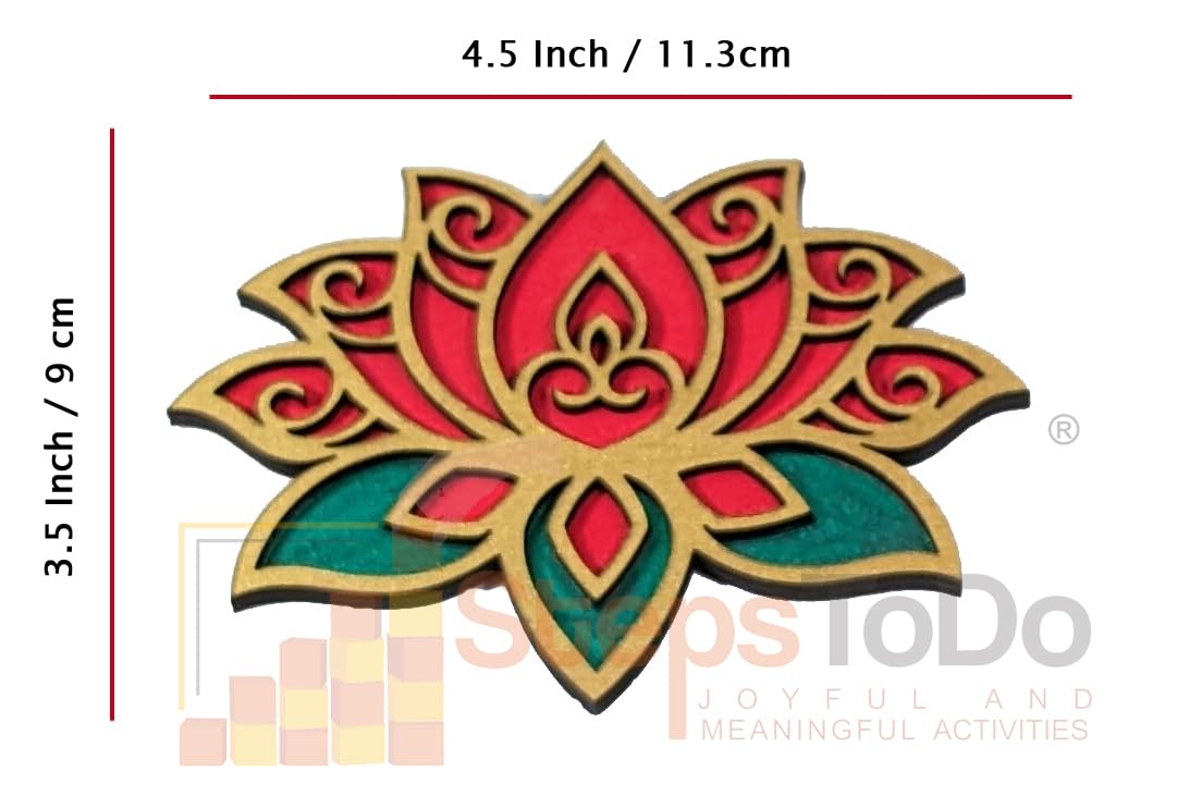 Designer Wooden Lotus Rangoli Cutouts – Golden, Red & Green