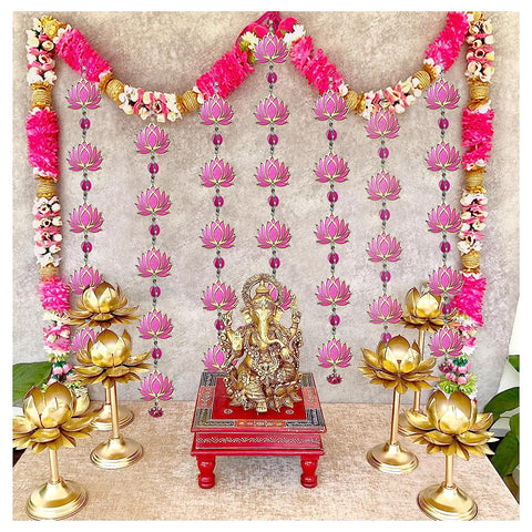 StepsToDo _ Bright Pink & Golden Lotus Hanging (Large) | 5 Tier Decorative Handmade Lotus Garlands/Wind Chime | Lotus Toran for Ganapati, Diwali, Dashera, Decorations, Festival Gift, Wedding Decoration (T408)