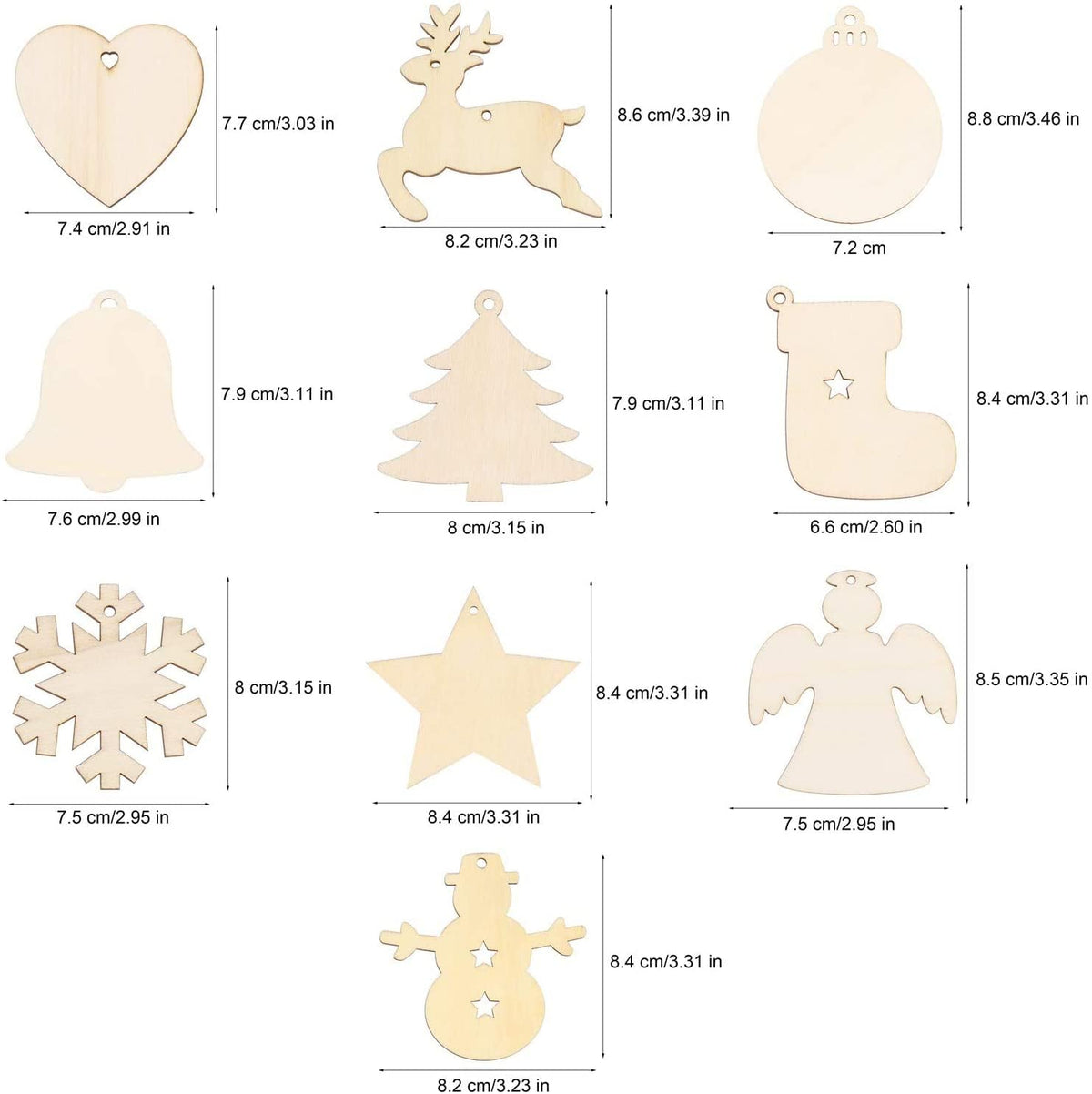Unfinished Wooden Holiday Ornament Cutouts – 50 Pieces, 10 Designs