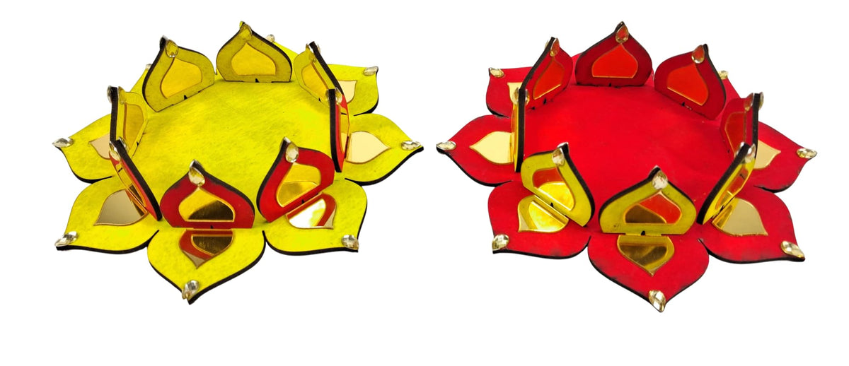 Reversible Wooden Lotus Tealight Holders with Mirror Work – Set of 2