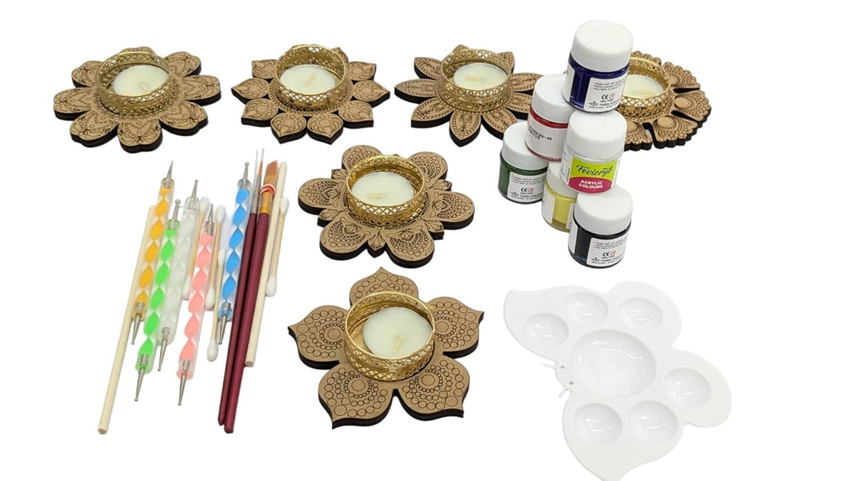 Dot Mandala Tealight Painting Kit – 6 Flower Bases, Tools, Paints & Candles