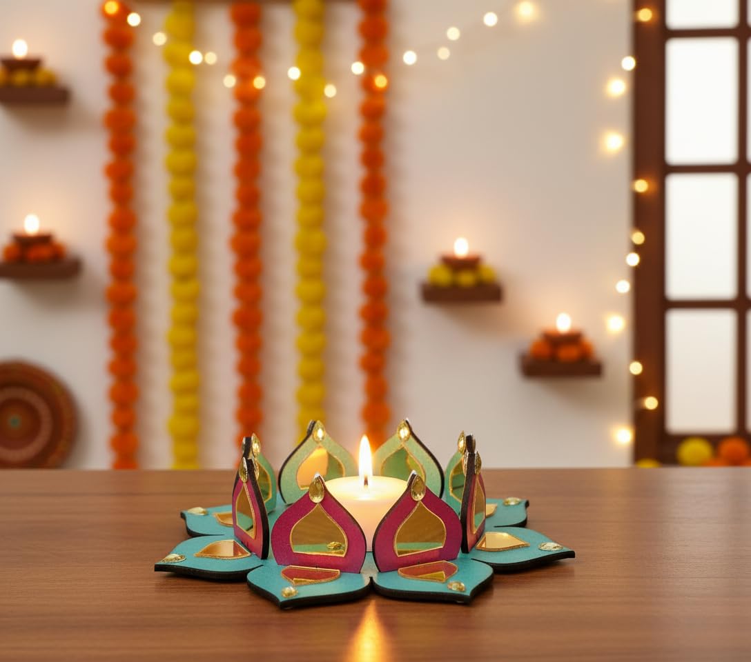 Reversible Wooden Lotus Tealight Holders with Mirror Work – Set of 2