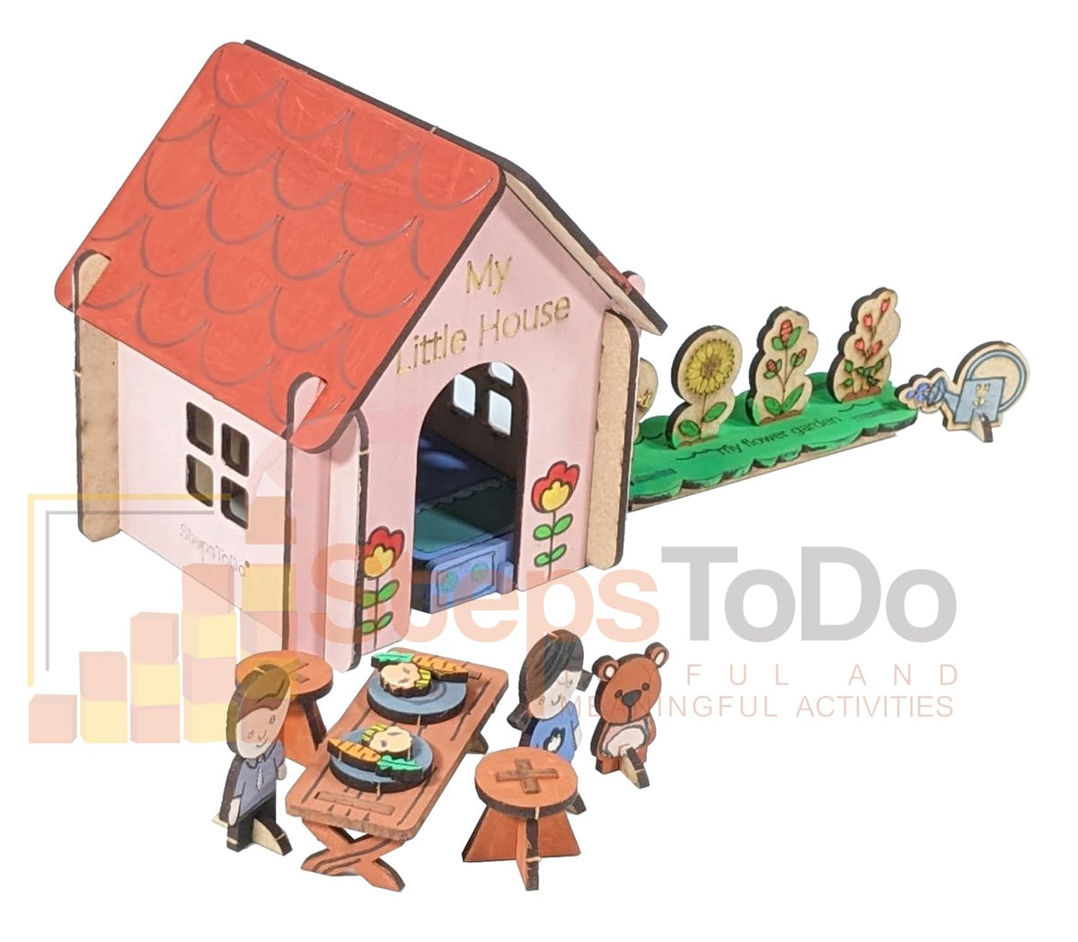 Pop-Out Toy House Kit with Furniture, Garden, 2 Dolls & Teddy