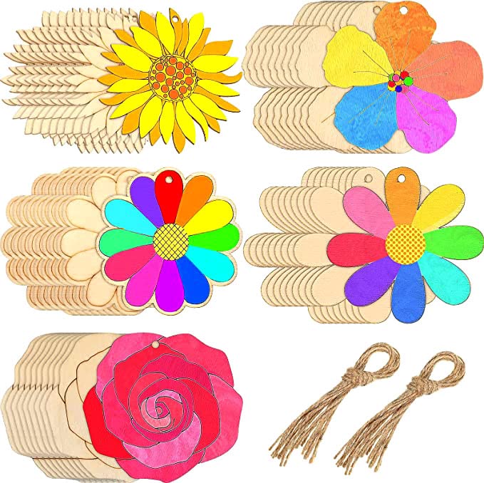Unfinished Wooden Flower Cutouts – 50 Pieces, 5 Designs
