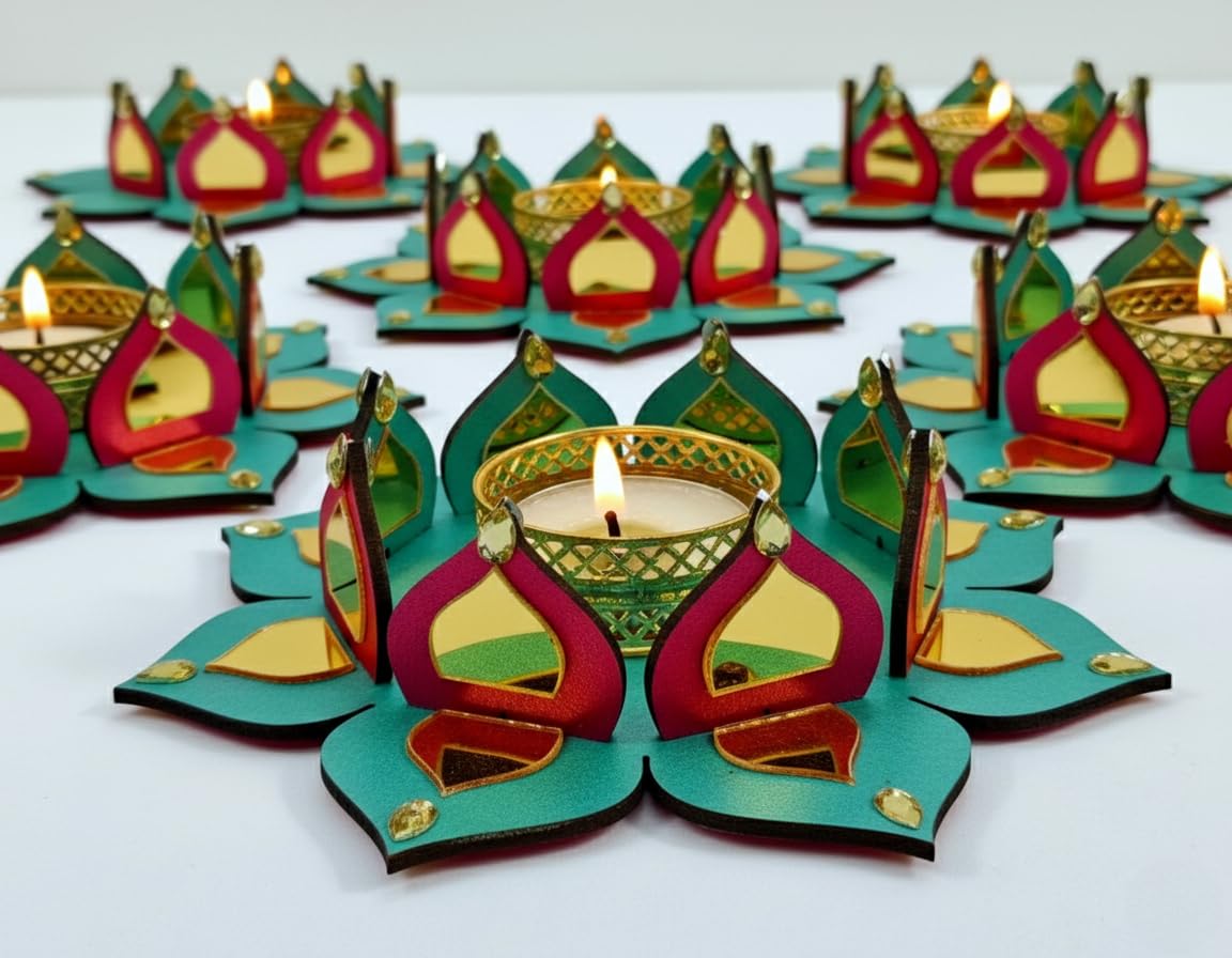 Reversible Wooden Lotus Tealight Holders with Mirror Work – Set of 2