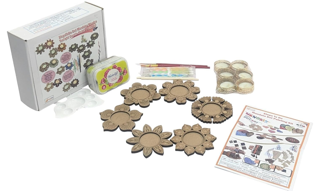 Dot Mandala Tealight Painting Kit – 6 Flower Bases, Tools, Paints & Candles