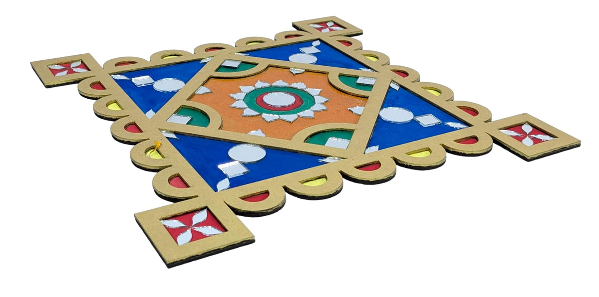 Ready-to-Use Wooden Rangoli Mat with Mirror Work – T438_C
