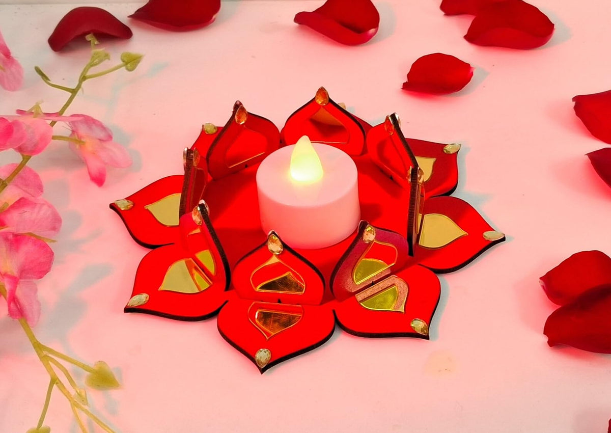 Reversible Wooden Lotus Tealight Holders with Mirror Work – Set of 2