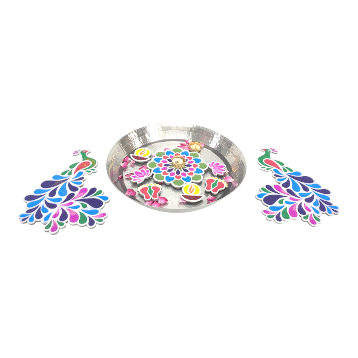 Peacock & Mandala Floating Rangoli – 9 Pieces with Lotus, Diya & Laxmi Paduka
