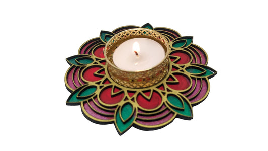 Hand-painted wooden tealight holder diya stand, Type 2