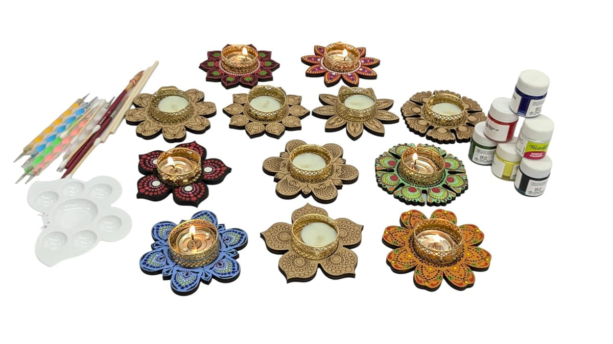 Dot Mandala Tealight Painting Kit – 6 Flower Bases, Tools, Paints & Candles