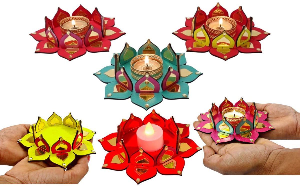 Reversible Wooden Lotus Tealight Holders with Mirror Work – Set of 2