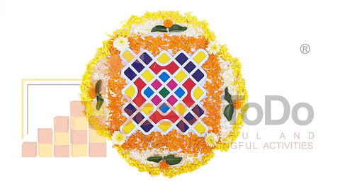 Kolam / Muggulu Pattern Reusable Rangoli Template Mat with Wooden Base 11.5 Inch (Design A) | Just Fill It Up with Rangoli, Flowers, Pulses | Traditional Art with Modern Day Ease of Use (T398_A)