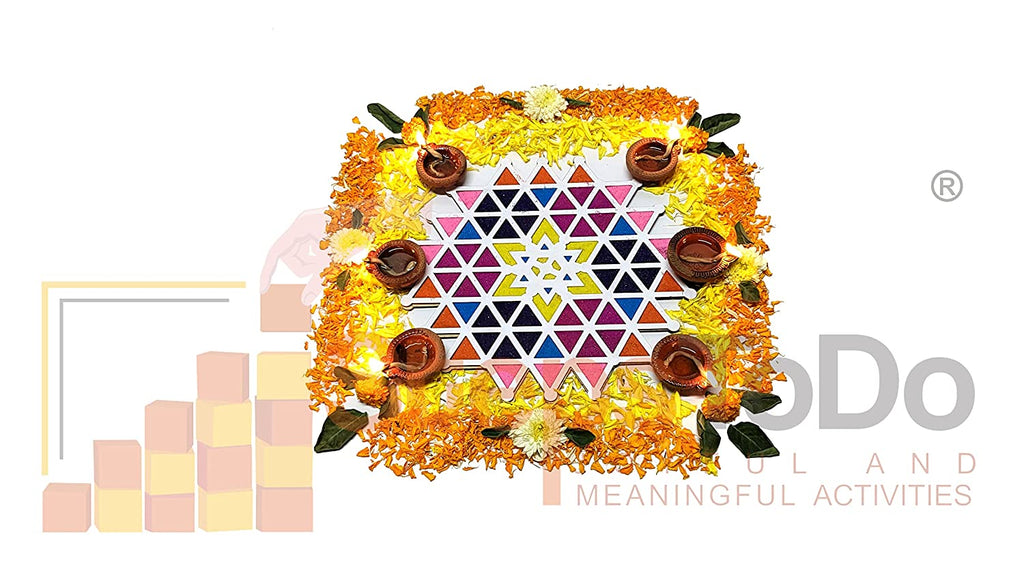 Kolam / Muggulu Pattern Reusable Rangoli Template Mat with Wooden Base 11.5 Inch (Design D) | Just Fill It Up with Rangoli, Flowers, Pulses | Traditional Art with Modern Day Ease of Use (T398_D)