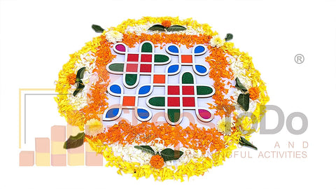 Kolam / Muggulu Pattern Reusable Rangoli Template Mat with Wooden Base 11.5 Inch (Design C) | Just Fill It Up with Rangoli, Flowers, Pulses | Traditional Art with Modern Day Ease of Use (T398_C)